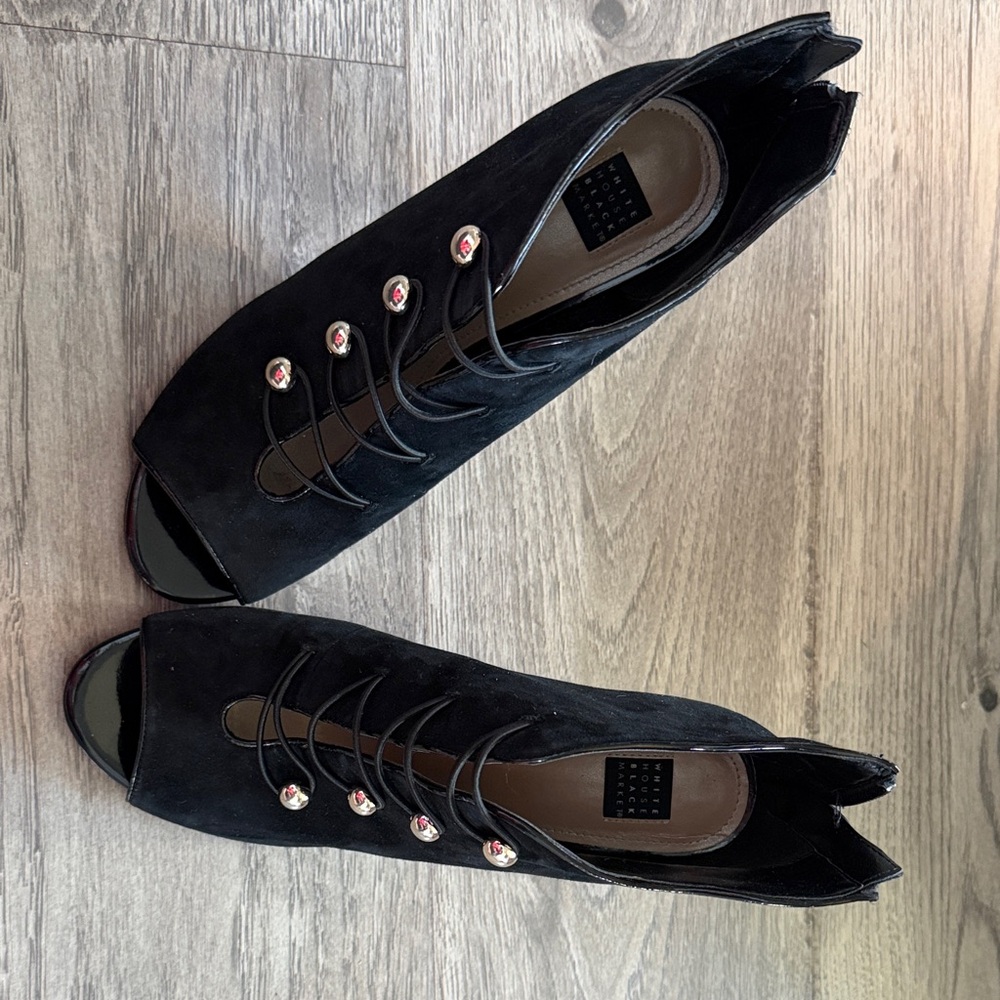 White House Black Market Black Suede Peep-Toe Lace-Up Heels